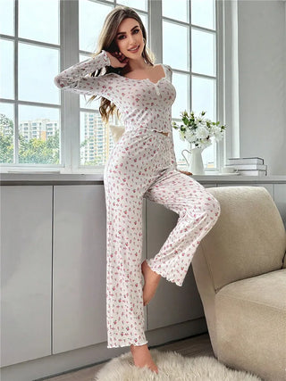 Floral Lace Lettuce Trim Pajamas Set