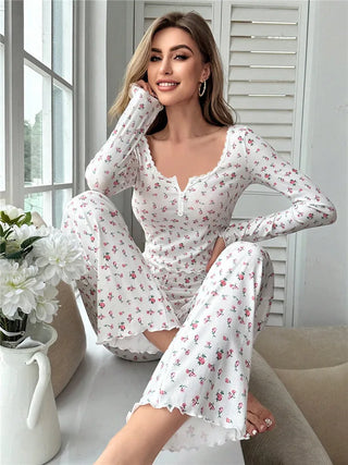 Floral Lace Lettuce Trim Pajamas Set