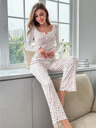 Floral Lace Lettuce Trim Pajamas Set