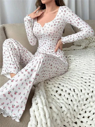 Floral Lace Lettuce Trim Pajamas Set