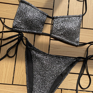 Shimmery Textured Tie String Halter Brazilian Two Piece Bikini Swimsuit